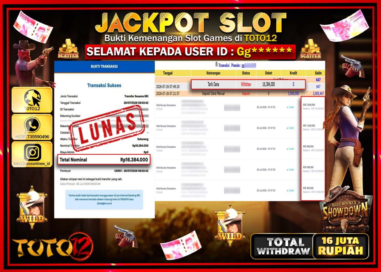 HANYA DI TOTO12 JP PASTI DI BAYAR LUNAS DAN CEPAT!!!!!! JACKPOT SLOT GAME (WILD BOUNTY SHOWDOWN) Rp16.384.000!!!!
