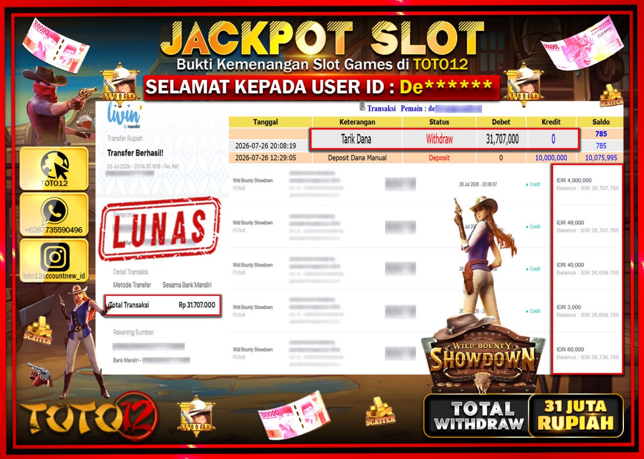 HANYA DI TOTO12 JP PASTI DI BAYAR LUNAS DAN CEPAT!!!!!! JACKPOT SLOT GAME (WILD BOUNTY SHOWDOWN) Rp31.707.000!!!!