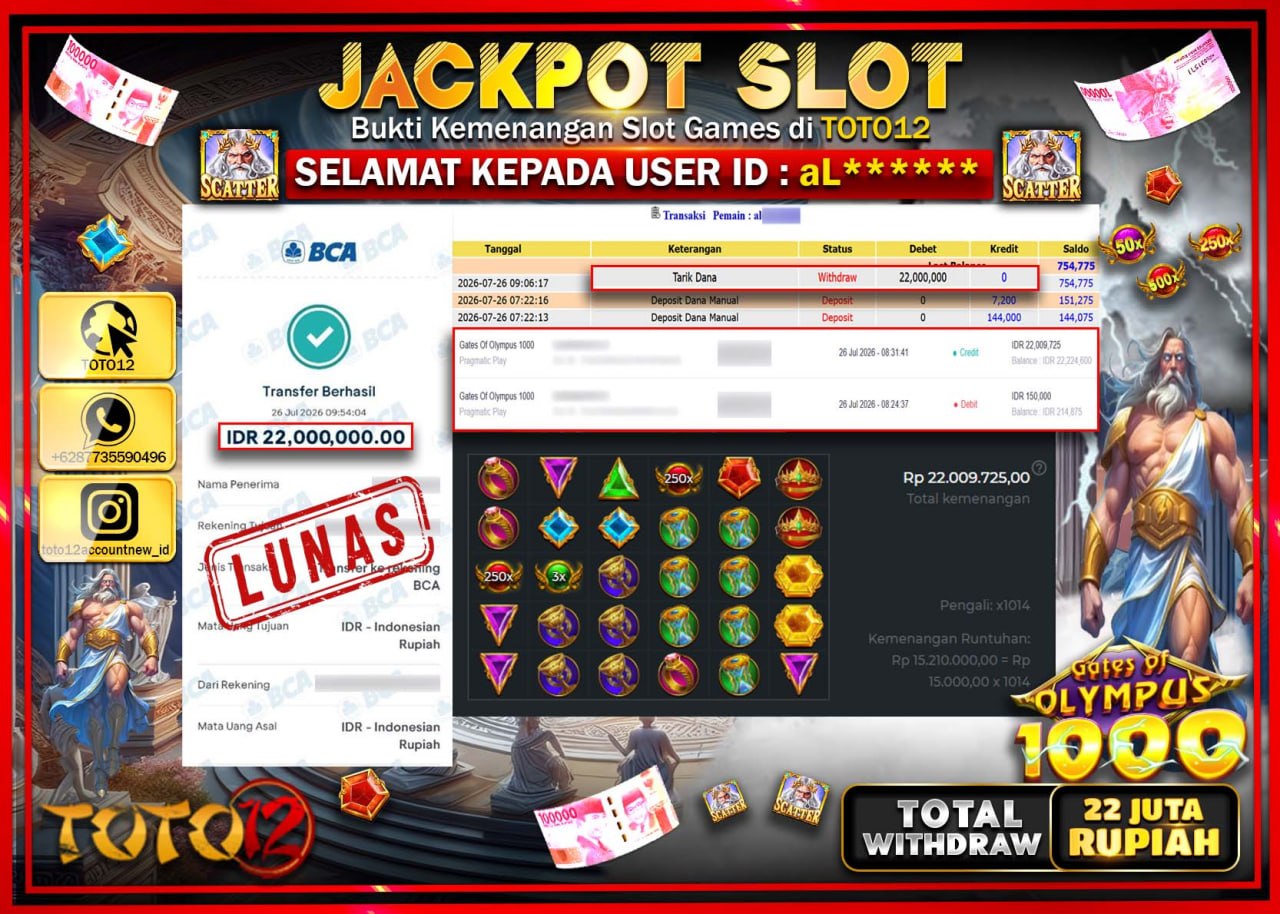 HANYA DI TOTO12 JP PASTI DI BAYAR LUNAS DAN CEPAT!!!!!! JACKPOT SLOT GAME (GATES OF OLYMPUS 1000) Rp22.000.000!!!!