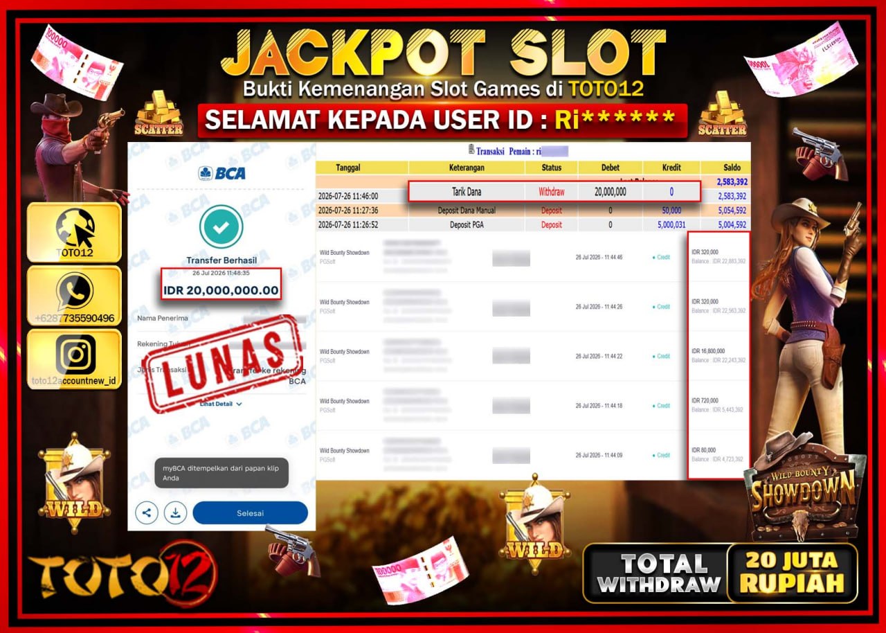 HANYA DI TOTO12 JP PASTI DI BAYAR LUNAS DAN CEPAT!!!!!! JACKPOT SLOT GAME (WILD BOUNTY) Rp20.000.000!!!!