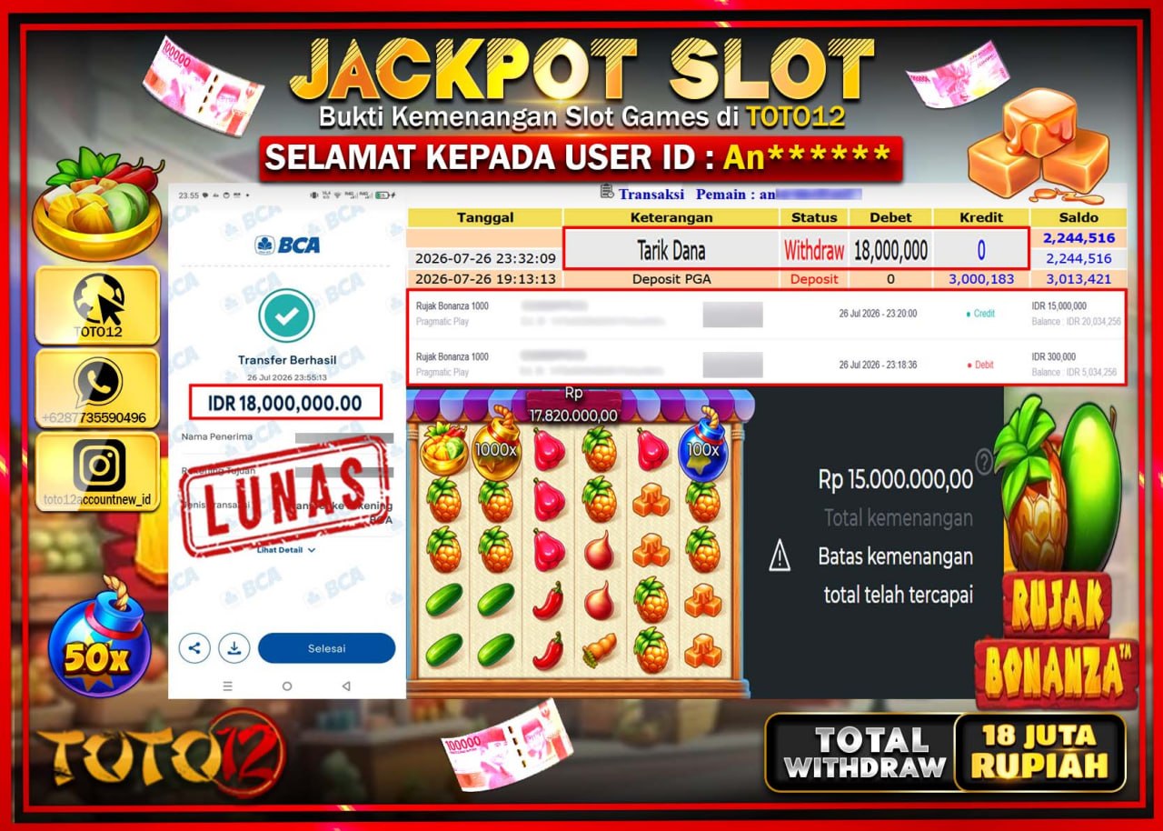HANYA DI TOTO12 JP PASTI DI BAYAR LUNAS DAN CEPAT!!!!!! JACKPOT SLOT GAME (RUJAK BONANZA) Rp18.000.000!!!!