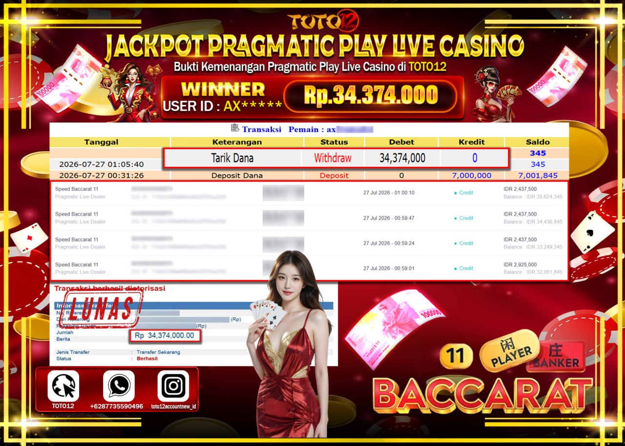 HANYA DI TOTO12 JP PASTI DI BAYAR LUNAS DAN CEPAT!!!!!! JACKPOT PRAGMATIC PLAY LIVE GAME CASINO (SPEED BACCARAT 11) Rp34.374.000!!!!