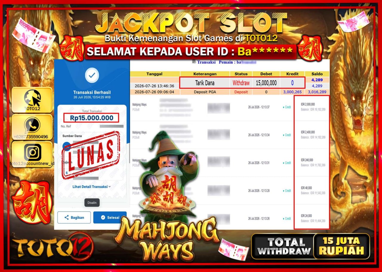 HANYA DI TOTO12 JP PASTI DI BAYAR LUNAS DAN CEPAT!!!!!! JACKPOT SLOT GAME (MAHJONG WAYS) Rp15.000.000!!!!
