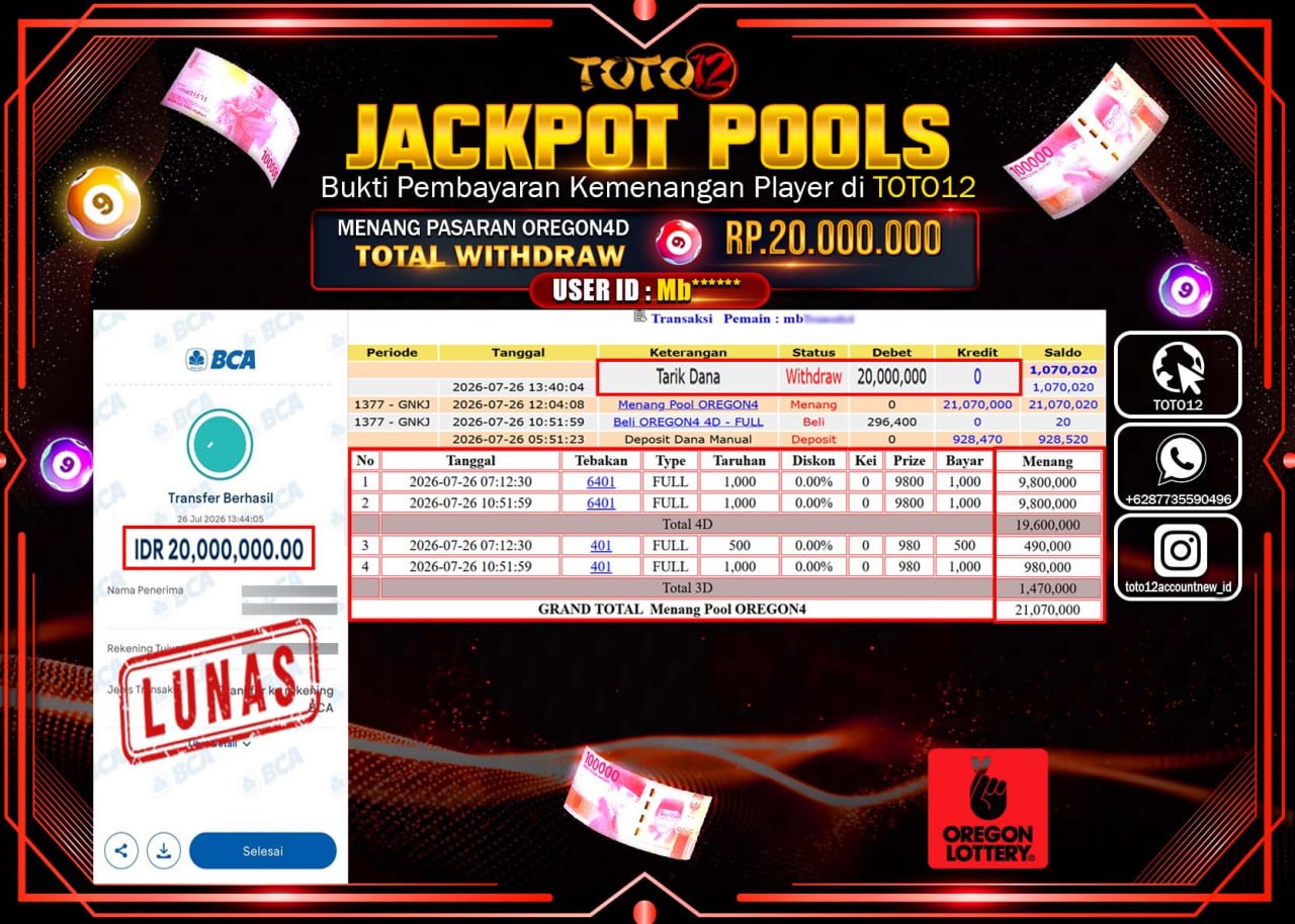 HANYA DI TOTO12 JP PASTI DI BAYAR LUNAS DAN CEPAT!!!!!! JACKPOT POOLS PASARAN (OREGON4D) Rp20.000.000!!!!