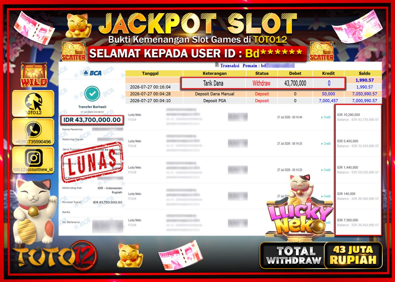 HANYA DI TOTO12 JP PASTI DI BAYAR LUNAS DAN CEPAT!!!!!! JACKPOT SLOT GAME (LUCKY NEKO) Rp43.700.000!!!!