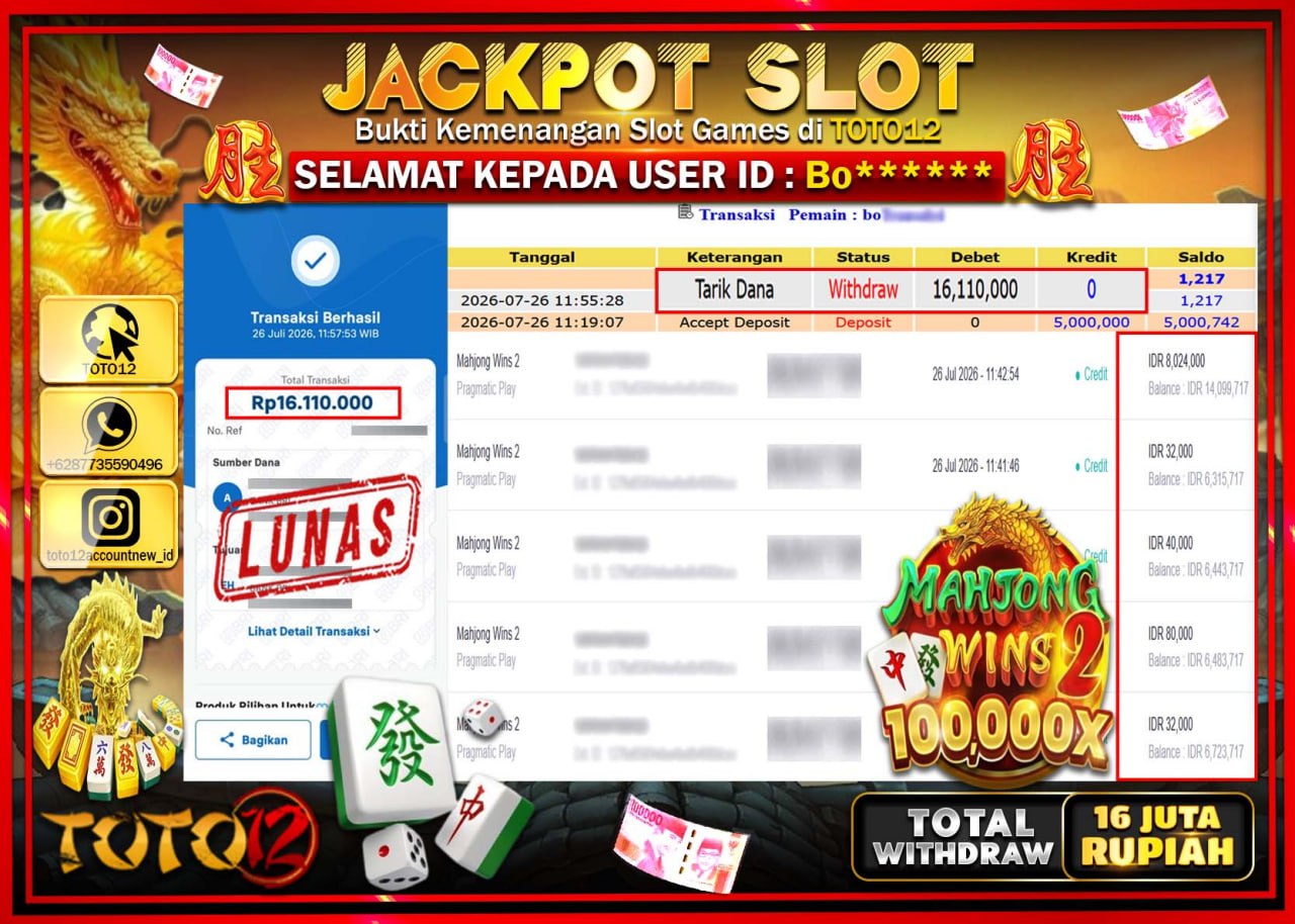 HANYA DI TOTO12 JP PASTI DI BAYAR LUNAS DAN CEPAT!!!!!! JACKPOT SLOT GAME (MAHJONG WINS 2) Rp16.110.000!!!!
