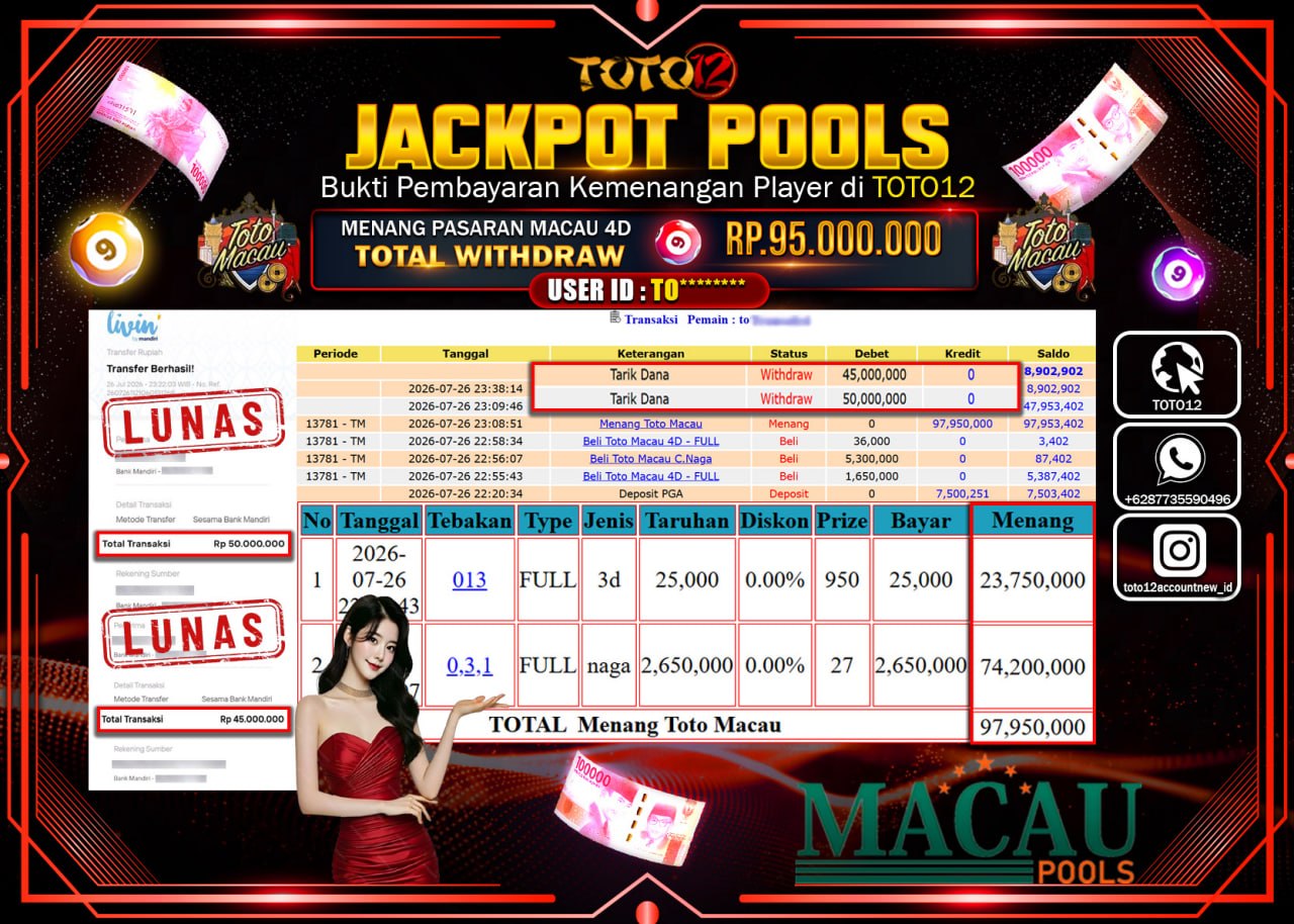 HANYA DI TOTO12 JP PASTI DI BAYAR LUNAS DAN CEPAT!!!!!! JACKPOT POOLS PASARAN (MACAU 4D) Rp95.000.000!!!!