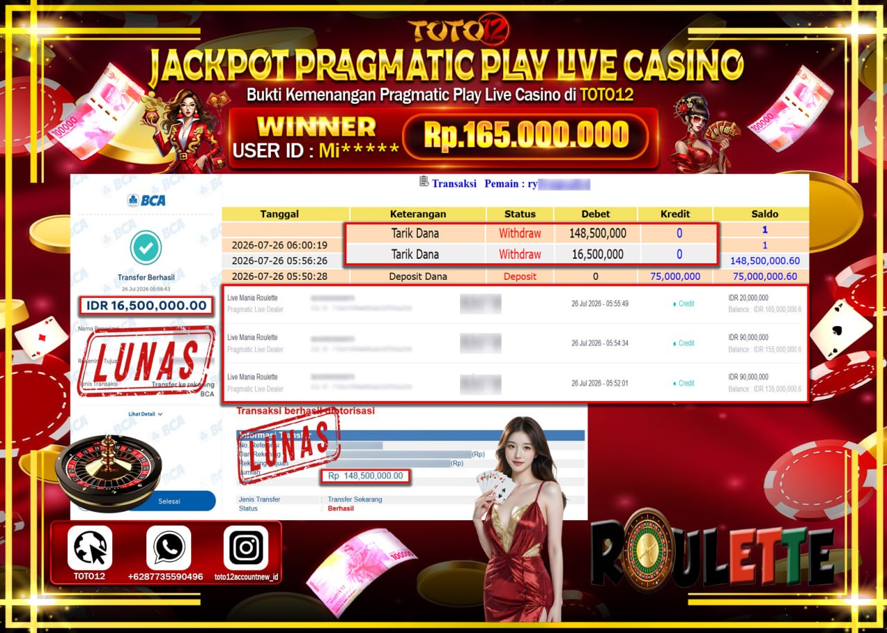 HANYA DI TOTO12 JP PASTI DI BAYAR LUNAS DAN CEPAT!!!!!! JACKPOT PRAGMATIC PLAY LIVE GAME CASINO (LIVE MANIA ROULETTE) Rp165.000.000!!!!