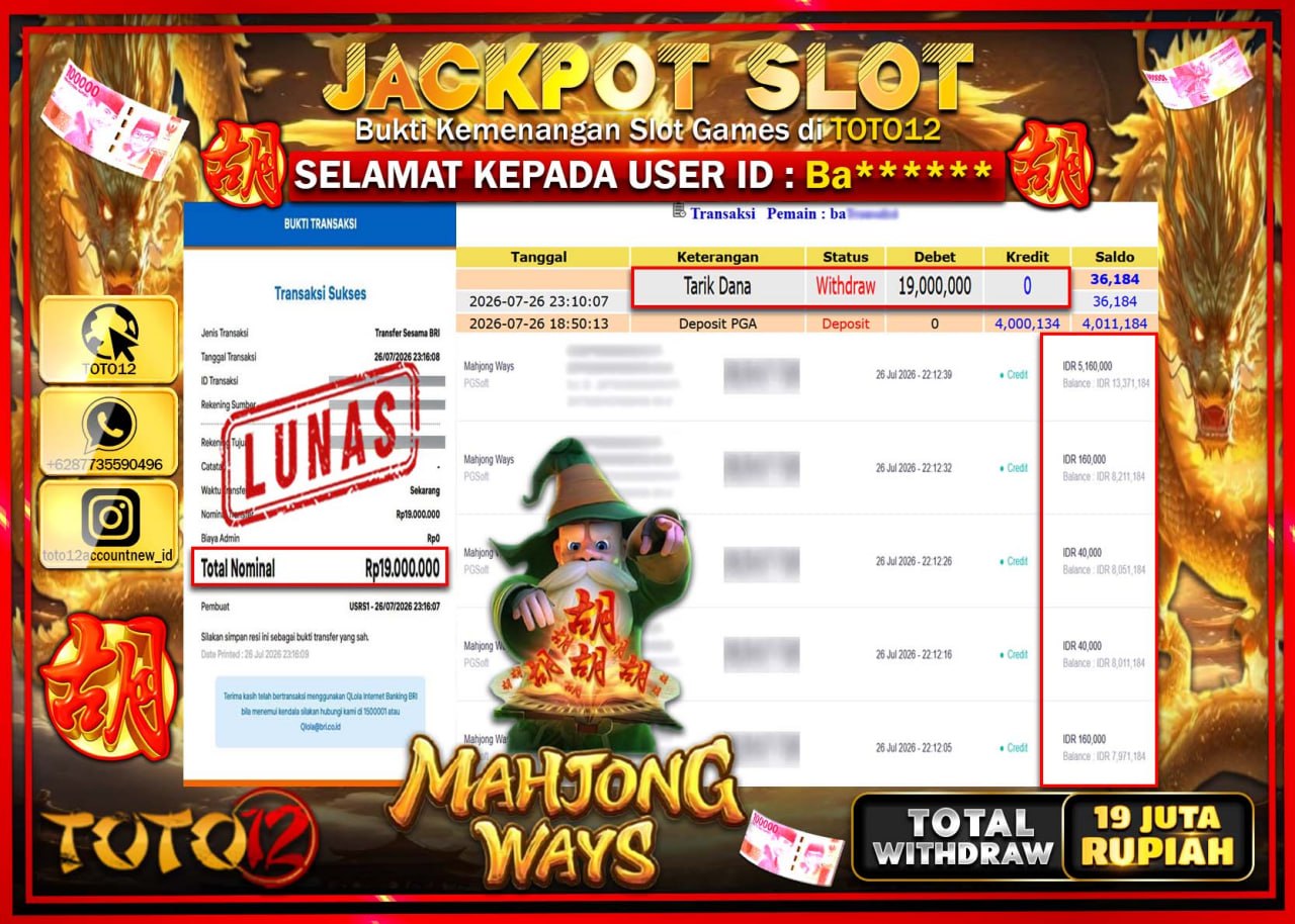 HANYA DI TOTO12 JP PASTI DI BAYAR LUNAS DAN CEPAT!!!!!! JACKPOT SLOT GAME (MAHJONG WAYS) Rp19.000.000!!!!