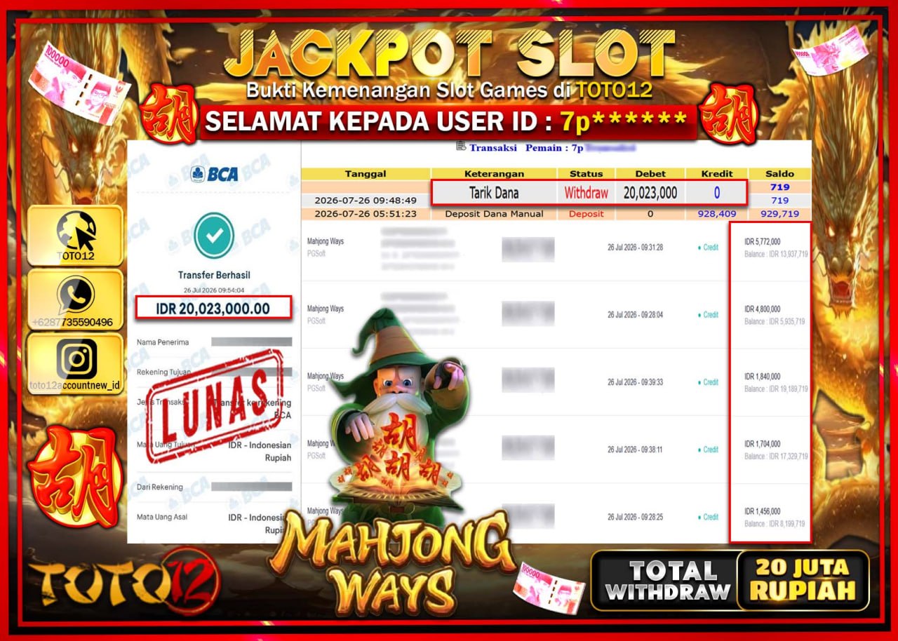 HANYA DI TOTO12 JP PASTI DI BAYAR LUNAS DAN CEPAT!!!!!! JACKPOT SLOT GAME (MAHJONG WAYS) Rp20.023.000!!!!