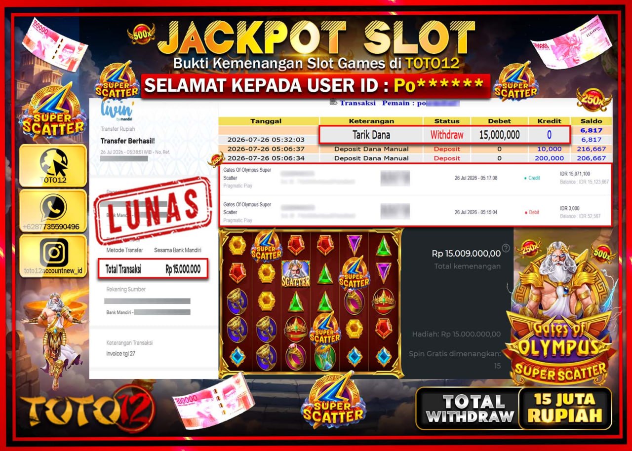 HANYA DI TOTO12 JP PASTI DI BAYAR LUNAS DAN CEPAT!!!!!! JACKPOT SLOT GAME (GATES OF OLYMPUS SUPER SCATTER) Rp15.000.000!!!!