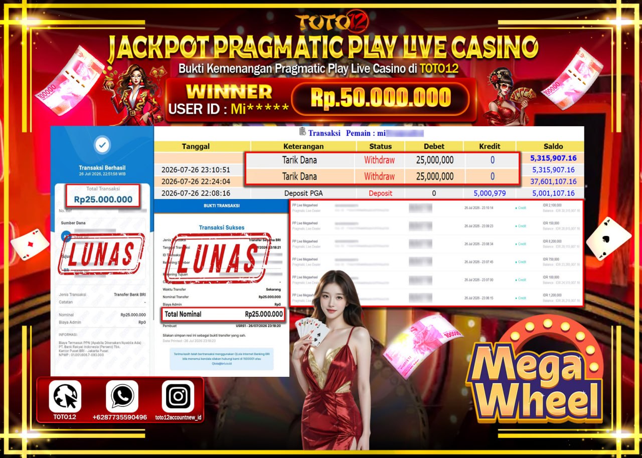 HANYA DI TOTO12 JP PASTI DI BAYAR LUNAS DAN CEPAT!!!!!! JACKPOT PRAGMATIC PLAY LIVE GAME CASINO (PP LIVE MEGAWHEEL) Rp50.000.000!!!!