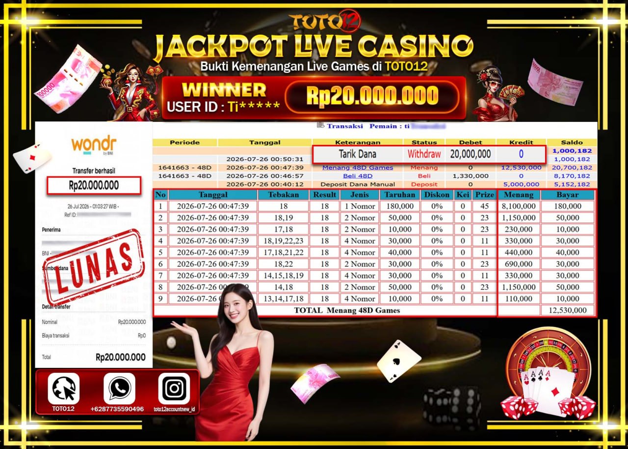 HANYA DI TOTO12 JP PASTI DI BAYAR LUNAS DAN CEPAT!!!!!! JACKPOT  LIVE GAME CASINO (48D) Rp20.000.000!!!!