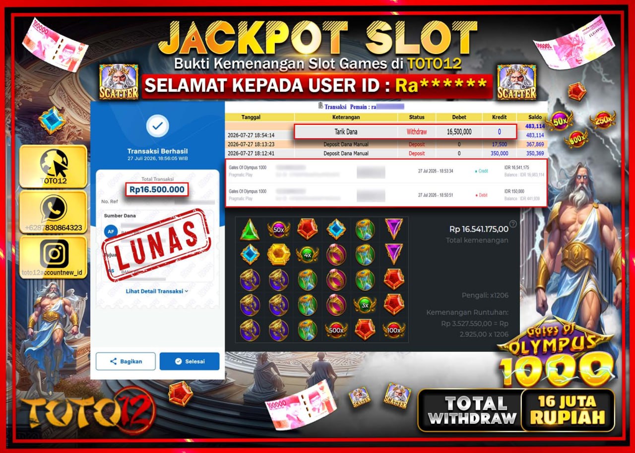 HANYA DI TOTO12 JP PASTI DI BAYAR LUNAS DAN CEPAT!!!!!! JACKPOT SLOT GAME (GATES OF OLYMPUS 1000) Rp16.500.000!!!!