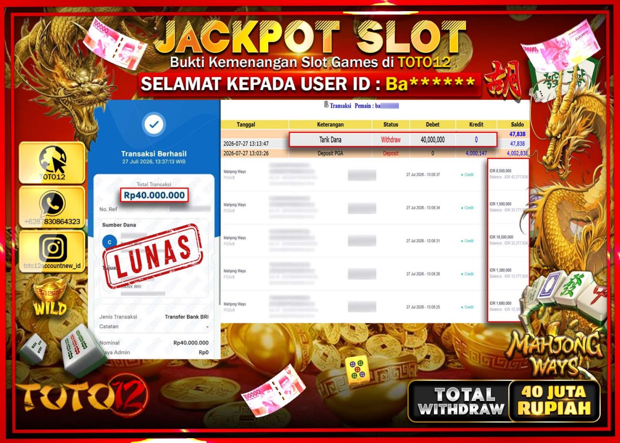 HANYA DI TOTO12 JP PASTI DI BAYAR LUNAS DAN CEPAT!!!!!! JACKPOT SLOT GAME (MAHJONG WAYS) Rp40.000.000!!!!