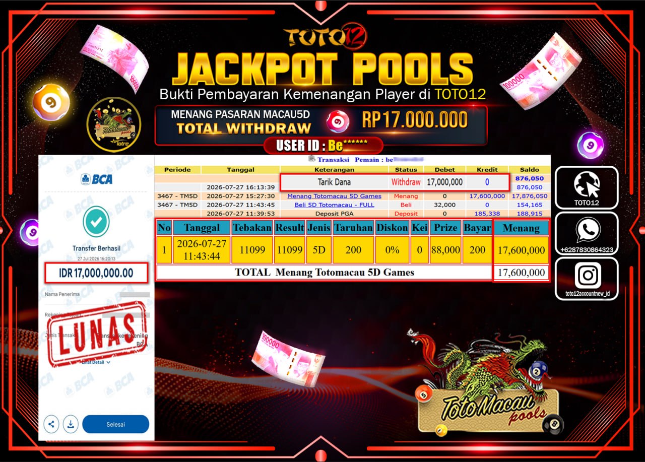 HANYA DI TOTO12 JP PASTI DI BAYAR LUNAS DAN CEPAT!!!!!! JACKPOT POOLS PASARAN (MACAU5D) Rp17.000.000!!!!