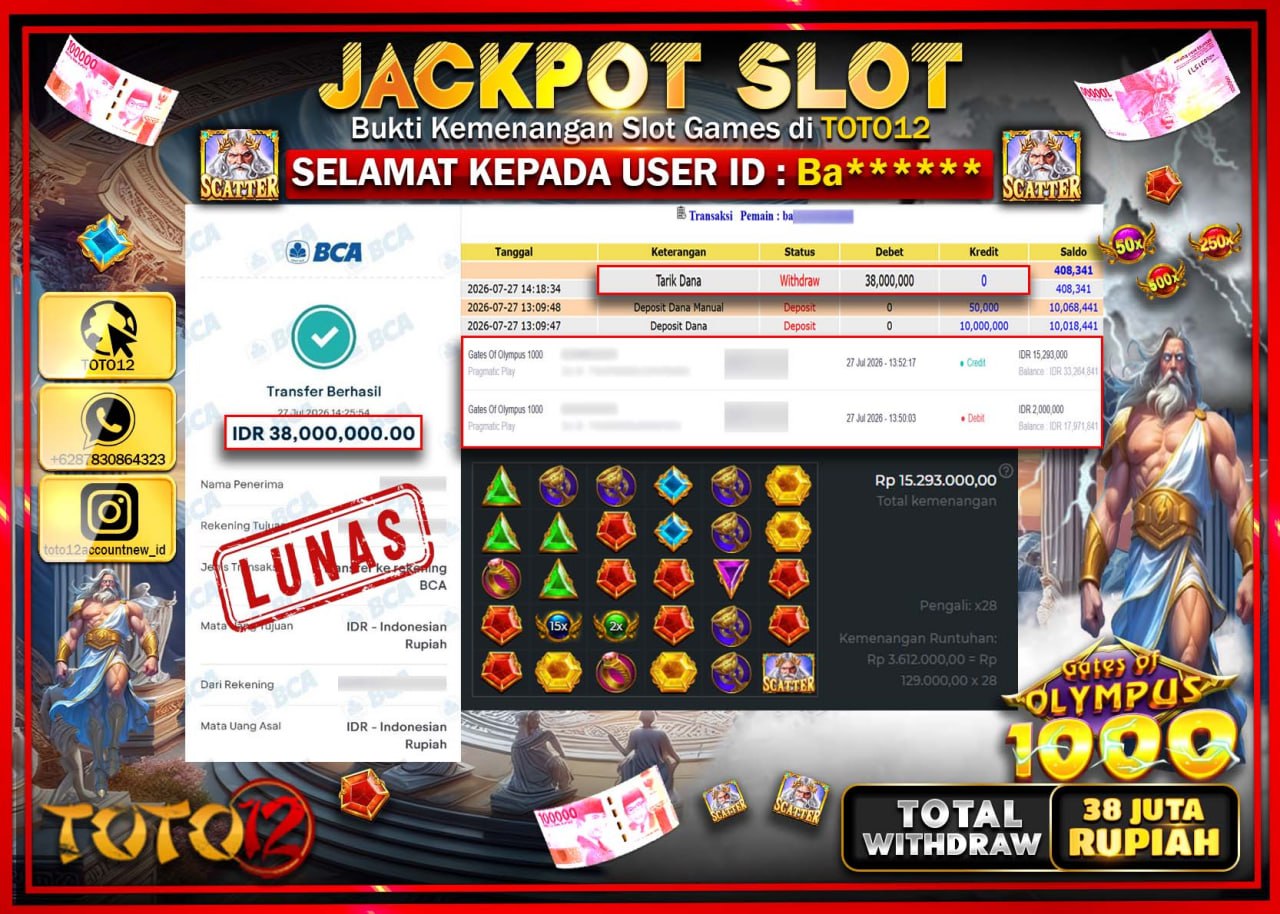 HANYA DI TOTO12 JP PASTI DI BAYAR LUNAS DAN CEPAT!!!!!! JACKPOT SLOT GAME (GATES OF OLYMPUS 1000) Rp38.000.000!!!!
