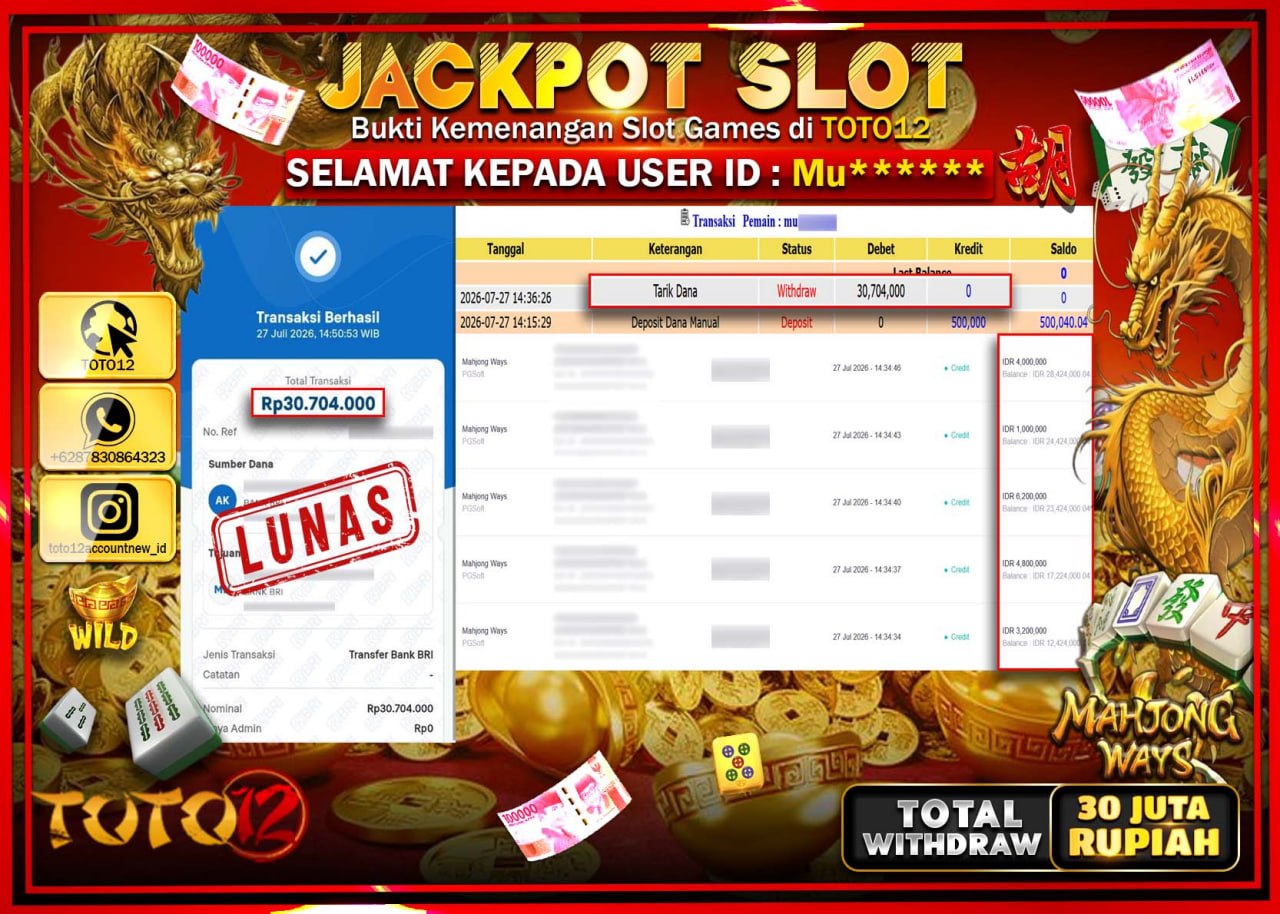 HANYA DI TOTO12 JP PASTI DI BAYAR LUNAS DAN CEPAT!!!!!! JACKPOT SLOT GAME (MAHJONG WAYS) Rp30.704.000!!!!