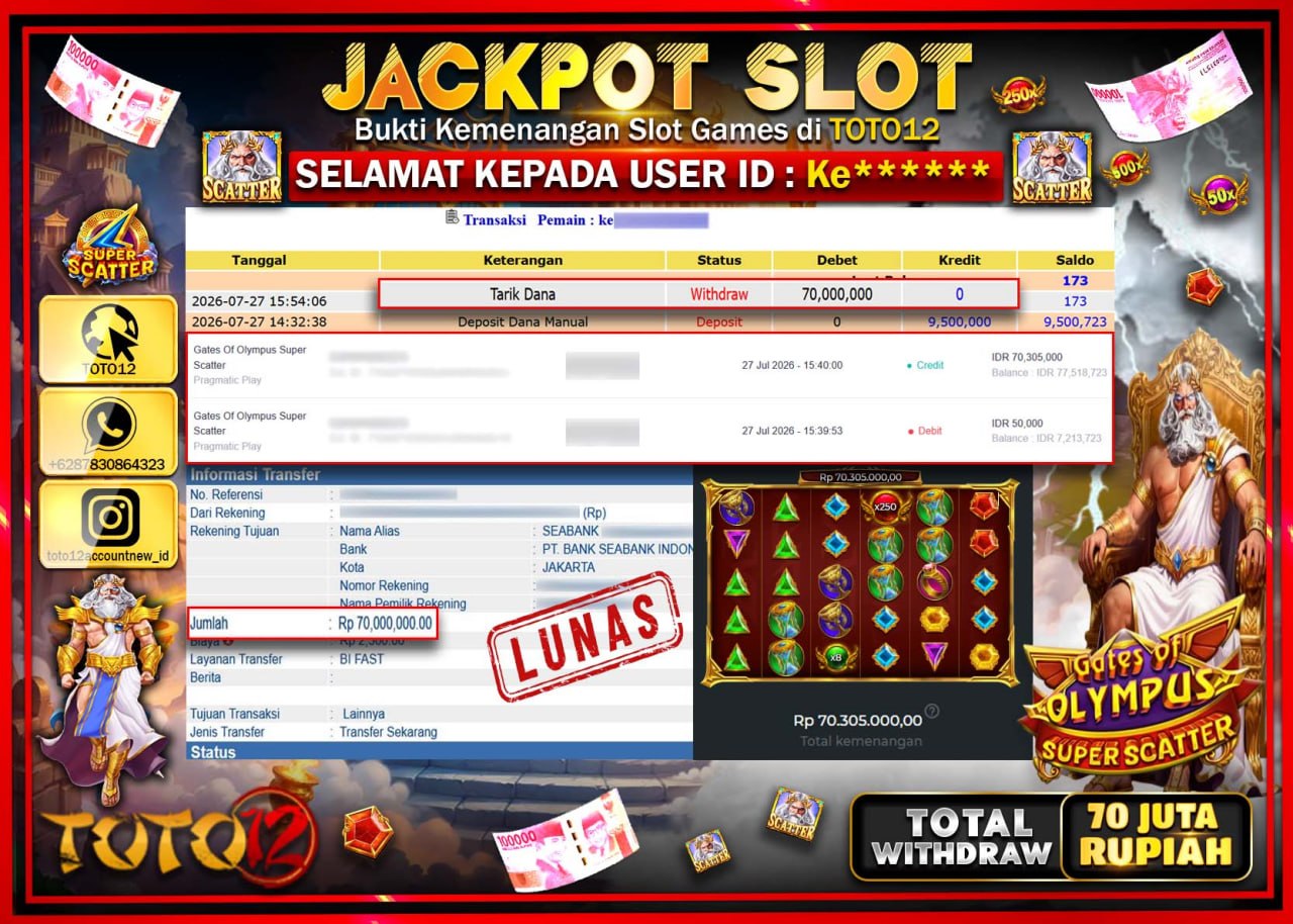 HANYA DI TOTO12 JP PASTI DI BAYAR LUNAS DAN CEPAT!!!!!! JACKPOT SLOT GAME (GATES OF OLYMPUS SUPER SCATTER) Rp70.000.000!!!!