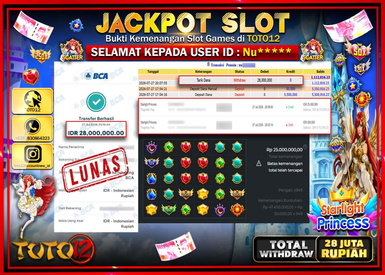 HANYA DI TOTO12 JP PASTI DI BAYAR LUNAS DAN CEPAT!!!!!! JACKPOT SLOT GAME (STARLIGHT PRINCESS) Rp28.000.000!!!!