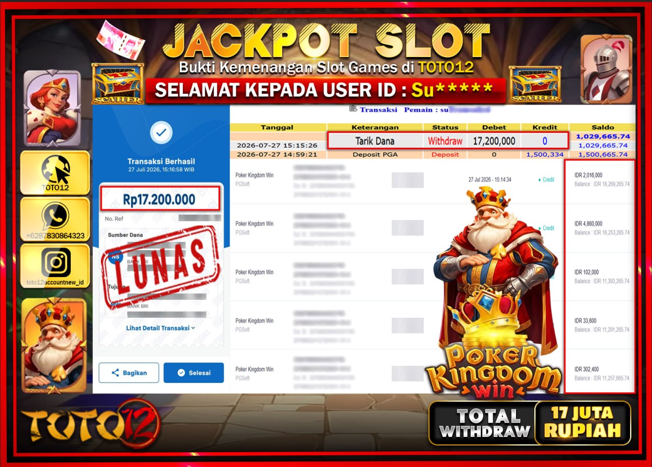 HANYA DI TOTO12 JP PASTI DI BAYAR LUNAS DAN CEPAT!!!!!! JACKPOT SLOT GAME (POKER KINGDOM WIN) Rp17.200.000!!!!