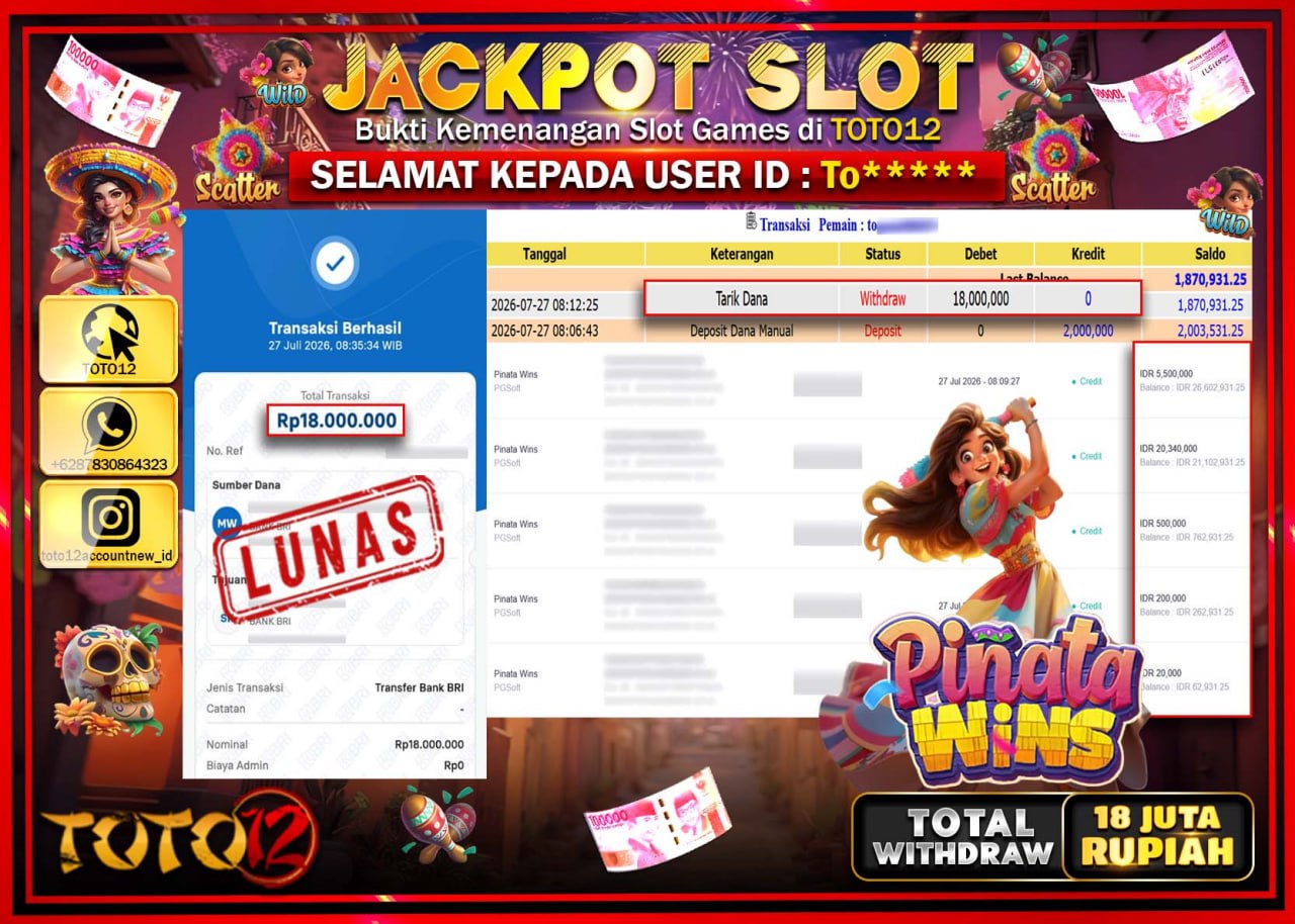 HANYA DI TOTO12 JP PASTI DI BAYAR LUNAS DAN CEPAT!!!!!! JACKPOT SLOT GAME (PINATA WINS) Rp18.000.000!!!!