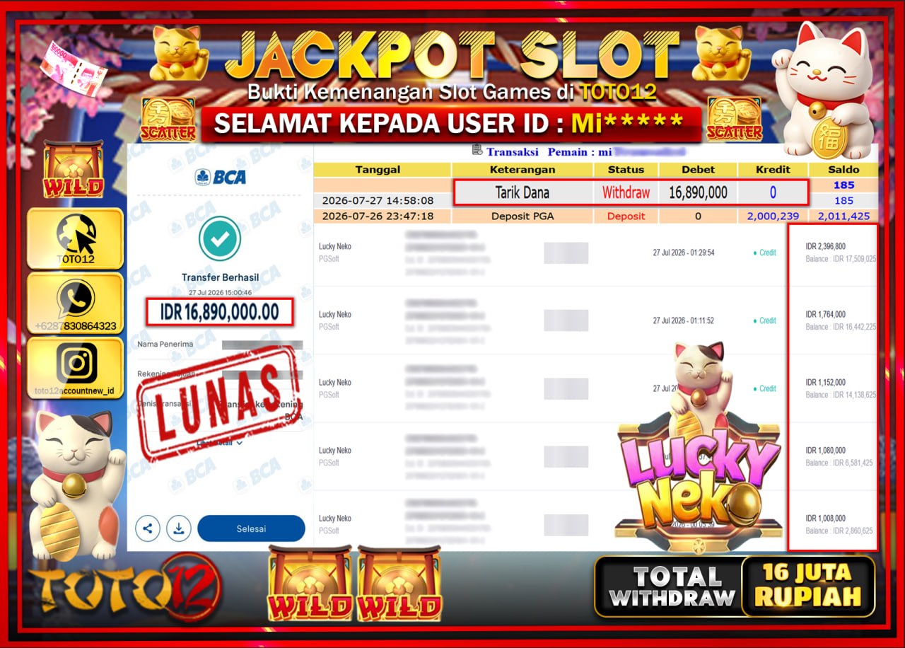 HANYA DI TOTO12 JP PASTI DI BAYAR LUNAS DAN CEPAT!!!!!! JACKPOT SLOT GAME (LUCKY NEKO) Rp16.890.000!!!!
