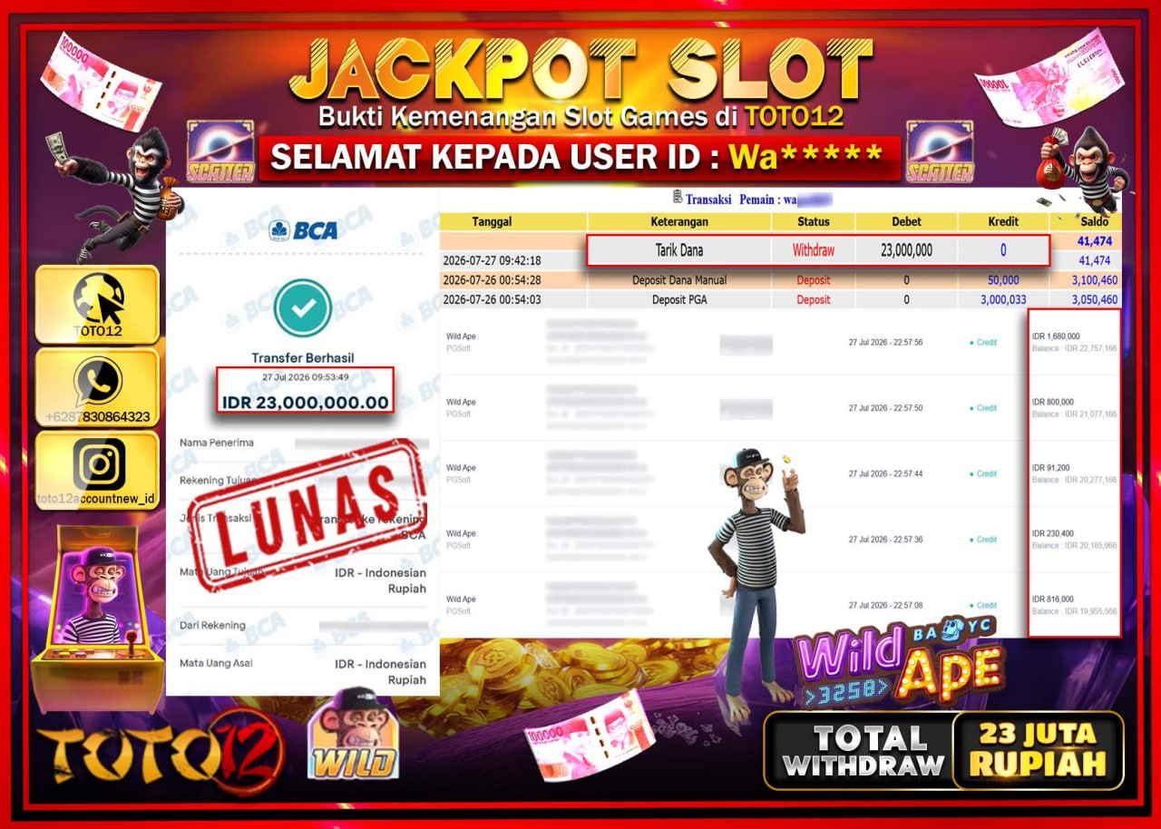 HANYA DI TOTO12 JP PASTI DI BAYAR LUNAS DAN CEPAT!!!!!! JACKPOT SLOT GAME (WILD APE) Rp23.000.000!!!!