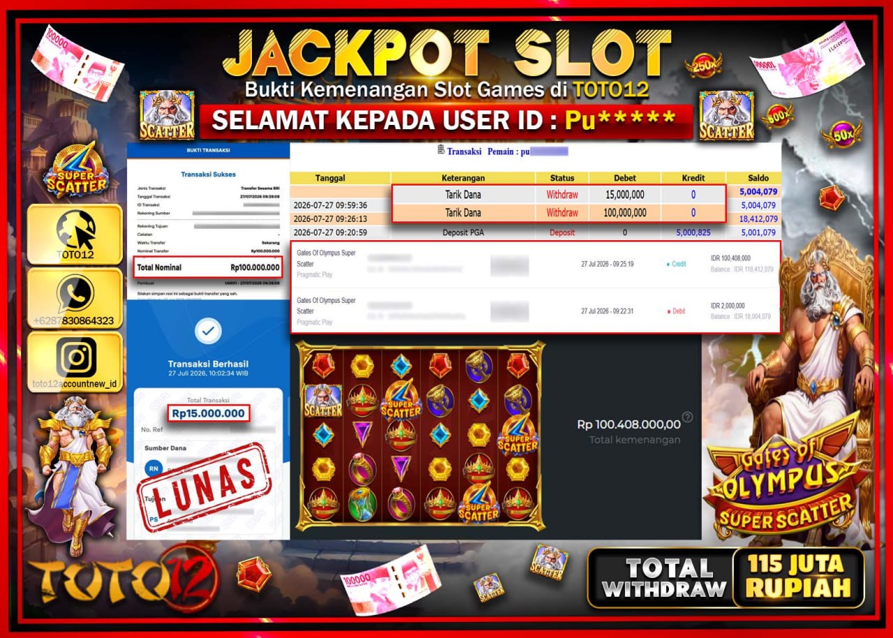 HANYA DI TOTO12 JP PASTI DI BAYAR LUNAS DAN CEPAT!!!!!! JACKPOT SLOT GAME (GATES OF OLYMPUS SUPER SCATTER) Rp115.000.000!!!!