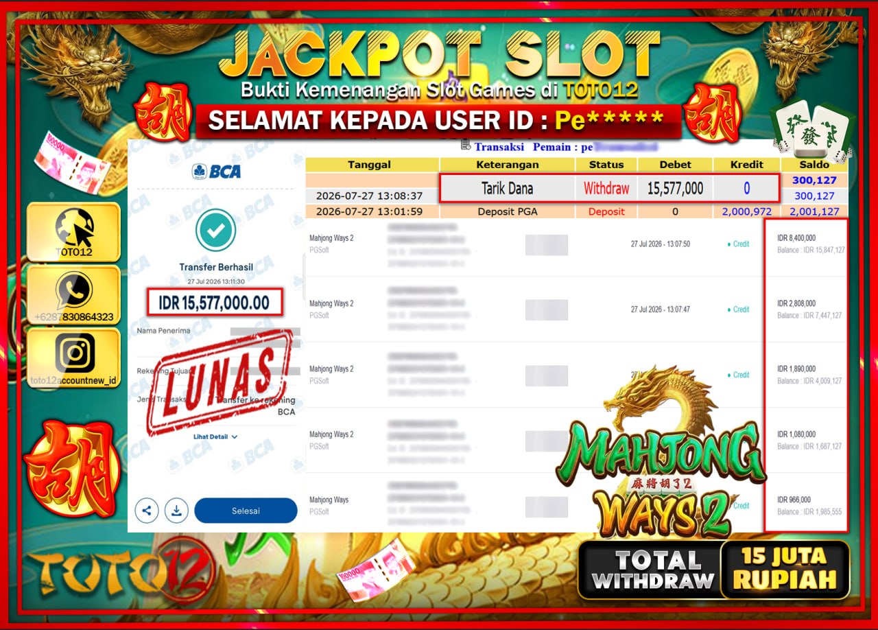 HANYA DI TOTO12 JP PASTI DI BAYAR LUNAS DAN CEPAT!!!!!! JACKPOT SLOT GAME (MAHJONG WAYS 2) Rp15.577.000!!!!