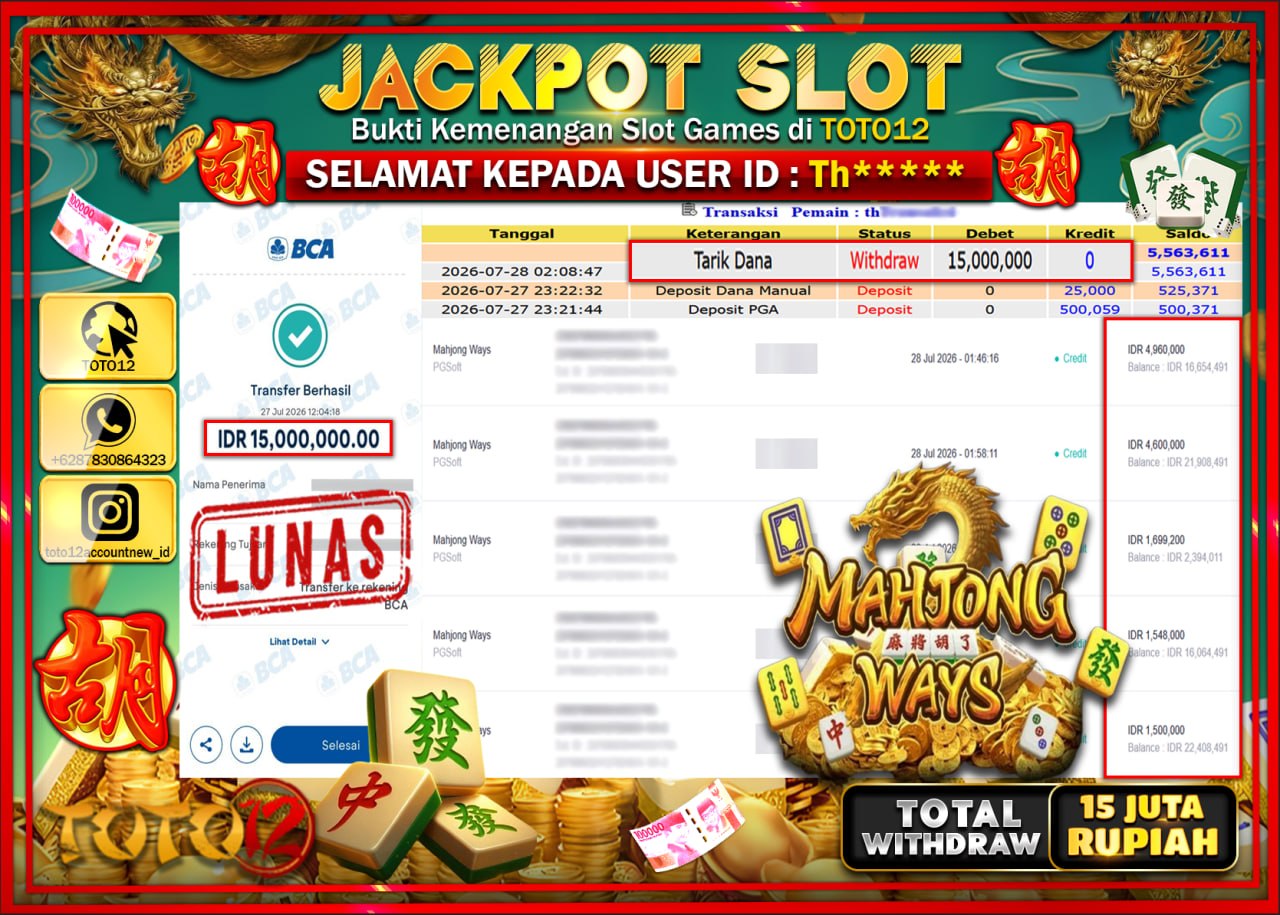 HANYA DI TOTO12 JP PASTI DI BAYAR LUNAS DAN CEPAT!!!!!! JACKPOT SLOT GAME (MAHJONG WAYS) Rp15.000.000!!!!