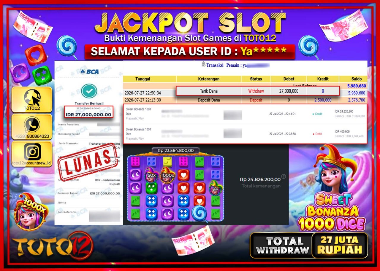 HANYA DI TOTO12 JP PASTI DI BAYAR LUNAS DAN CEPAT!!!!!! JACKPOT SLOT GAME (SWEET BONANZA 1000 DICE) Rp27.000.000!!!!