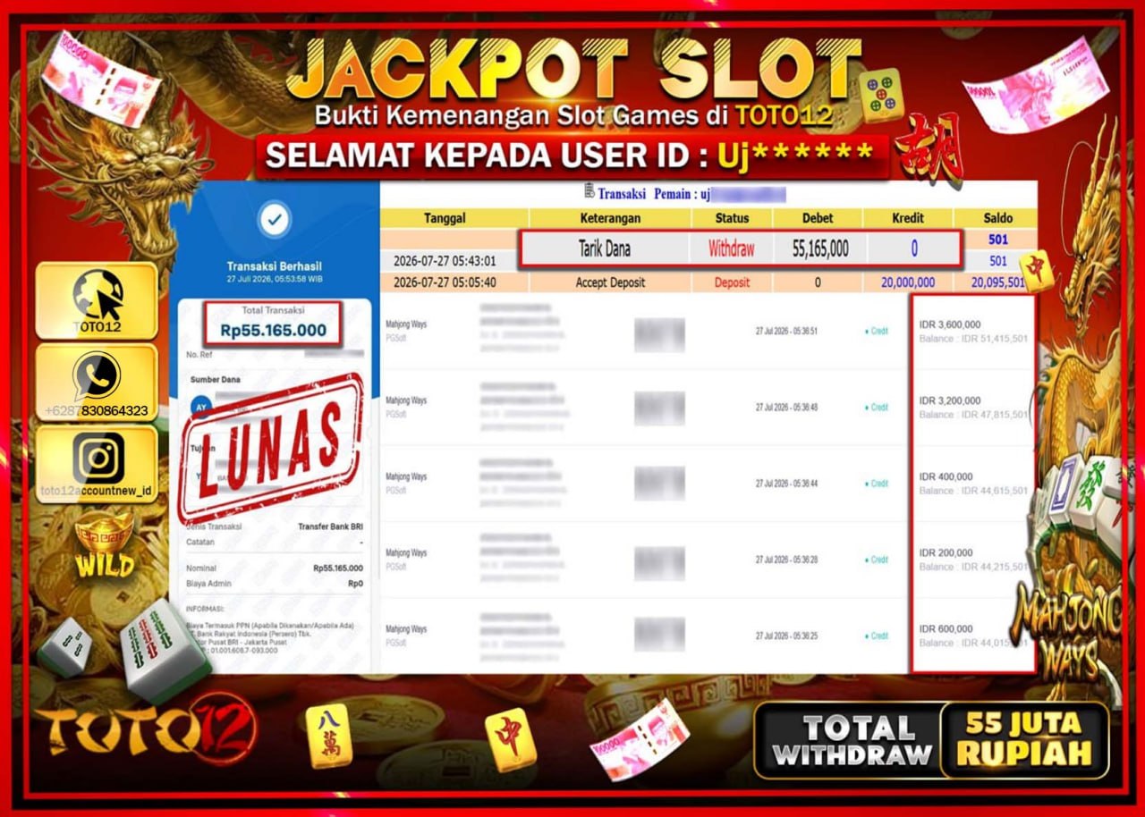 HANYA DI TOTO12 JP PASTI DI BAYAR LUNAS DAN CEPAT!!!!!! JACKPOT SLOT GAME (MAHJONG WAYS) Rp55.165.000!!!!