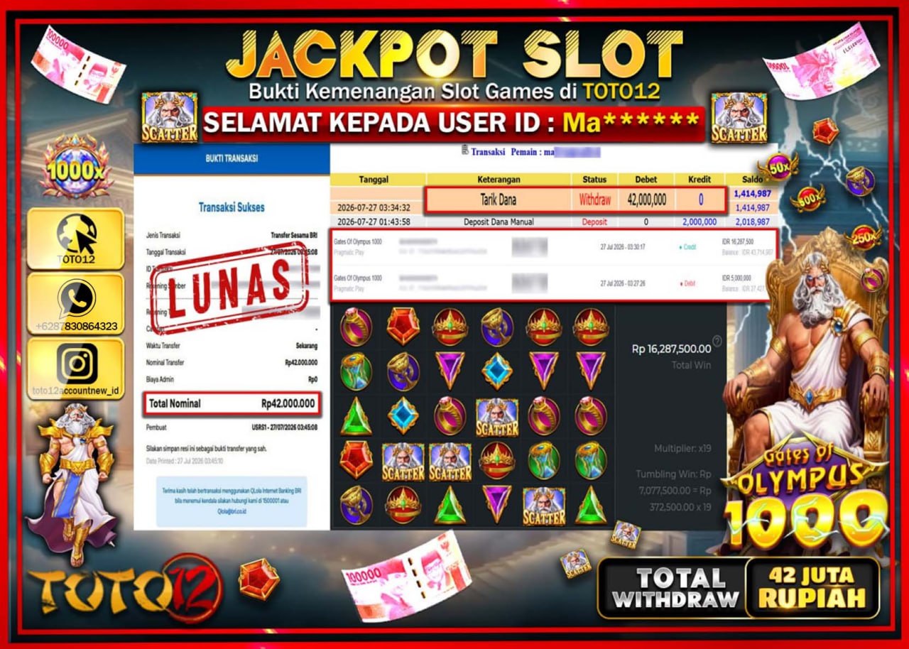 HANYA DI TOTO12 JP PASTI DI BAYAR LUNAS DAN CEPAT!!!!!! JACKPOT SLOT GAME (GATES OF OLYMPUS 1000) Rp42.000.000!!!!