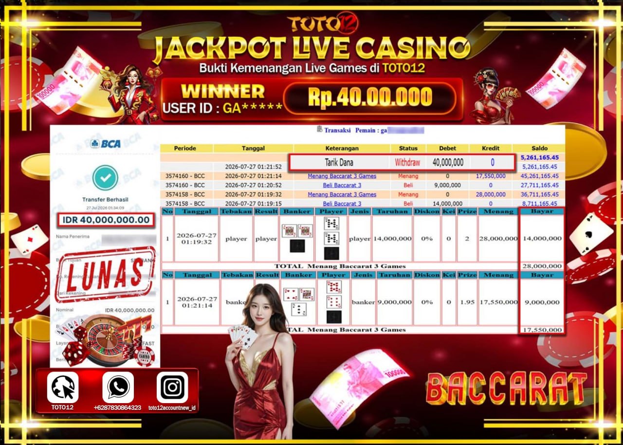 HANYA DI TOTO12 JP PASTI DI BAYAR LUNAS DAN CEPAT!!!!!! JACKPOT  LIVE GAME CASINO (BACCARAT 3) Rp40.000.000!!!!