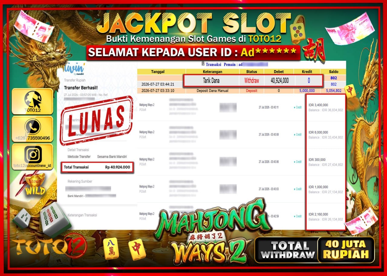 HANYA DI TOTO12 JP PASTI DI BAYAR LUNAS DAN CEPAT!!!!!! JACKPOT SLOT GAME (MAHJONG WAYS 2) Rp40.924.000!!!!