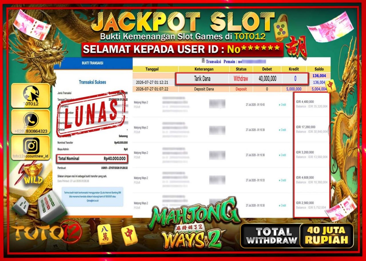 HANYA DI TOTO12 JP PASTI DI BAYAR LUNAS DAN CEPAT!!!!!! JACKPOT SLOT GAME (MAHJONG WAYS 2) Rp40.000.000!!!!