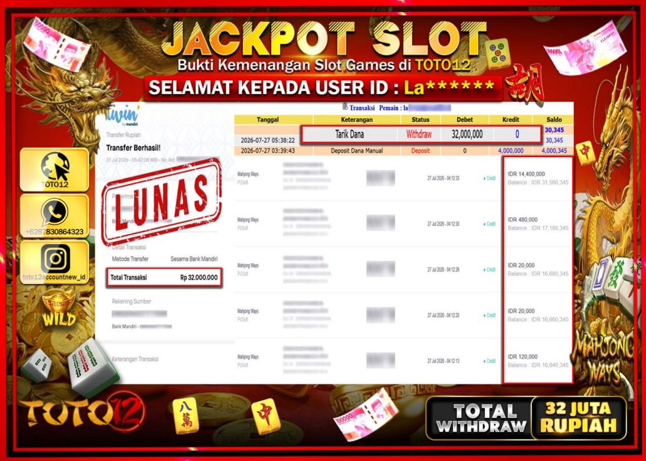 HANYA DI TOTO12 JP PASTI DI BAYAR LUNAS DAN CEPAT!!!!!! JACKPOT SLOT GAME (MAHJONG WAYS) Rp32.000.000!!!!