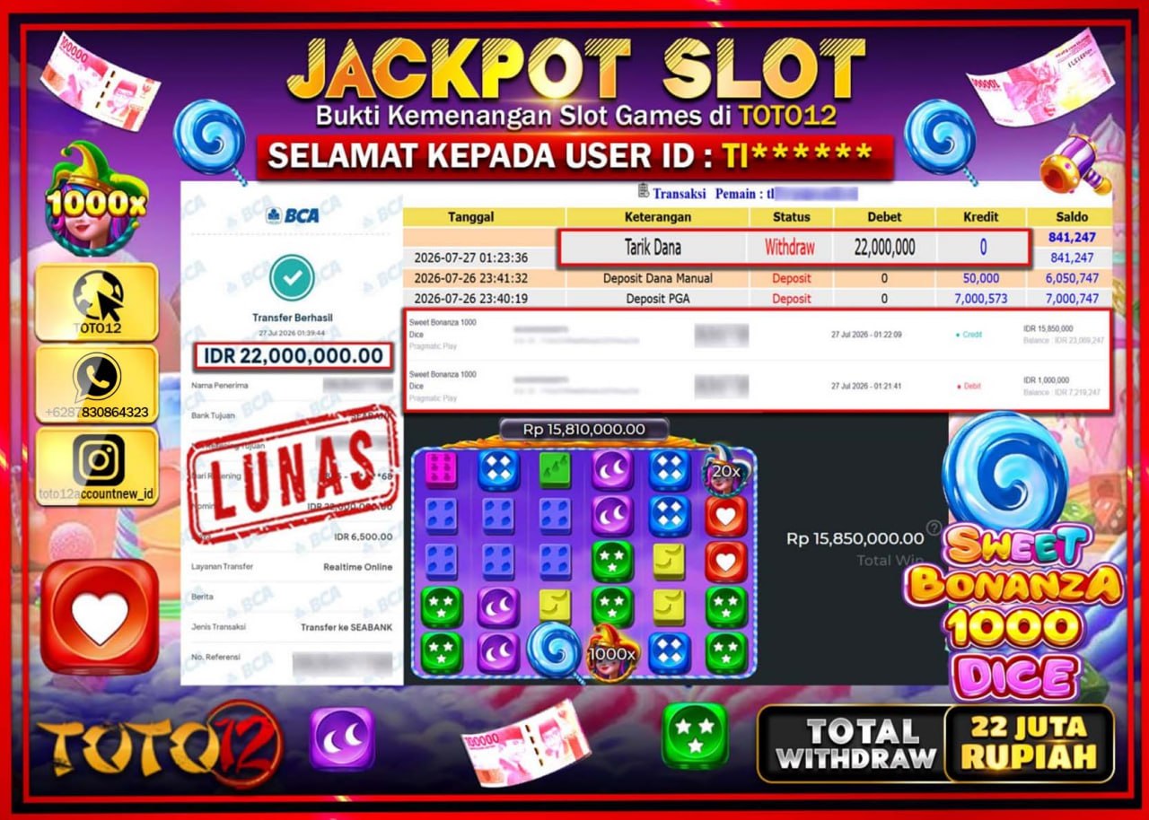 HANYA DI TOTO12 JP PASTI DI BAYAR LUNAS DAN CEPAT!!!!!! JACKPOT SLOT GAME (SWEET BONANZA 1000 DICE) Rp22.000.000!!!!