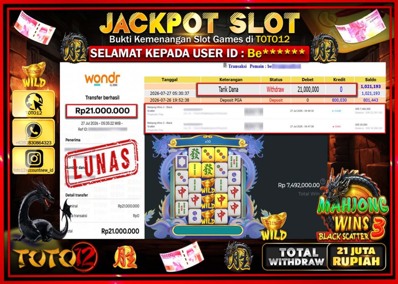 HANYA DI TOTO12 JP PASTI DI BAYAR LUNAS DAN CEPAT!!!!!! JACKPOT SLOT GAME (MAHJONG WINS 3 BLACK SCATTER) Rp21.000.000!!!!