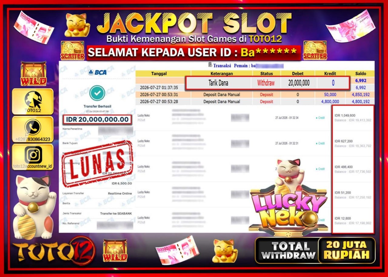 HANYA DI TOTO12 JP PASTI DI BAYAR LUNAS DAN CEPAT!!!!!! JACKPOT SLOT GAME (LUCKY NEKO) Rp20.000.000!!!!
