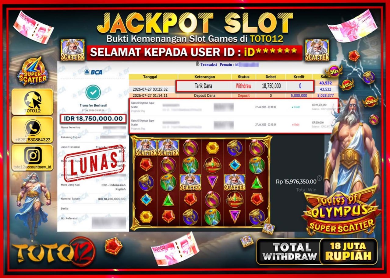 HANYA DI TOTO12 JP PASTI DI BAYAR LUNAS DAN CEPAT!!!!!! JACKPOT SLOT GAME (GATES OF OLYMPUS SUPER SCATTER) Rp18.750.000!!!!