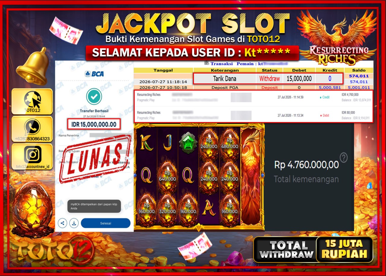 HANYA DI TOTO12 JP PASTI DI BAYAR LUNAS DAN CEPAT!!!!!! JACKPOT SLOT GAME (RESURRECTING RICHES) Rp15.000.000!!!!