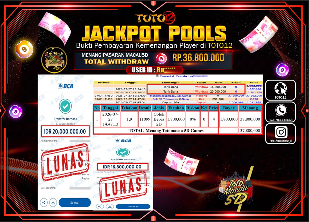 HANYA DI TOTO12 JP PASTI DI BAYAR LUNAS DAN CEPAT!!!!!! JACKPOT POOLS PASARAN (MACAU5D) Rp36.800.000!!!!