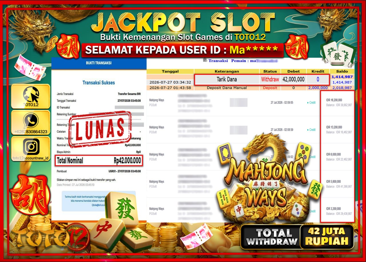 HANYA DI TOTO12 JP PASTI DI BAYAR LUNAS DAN CEPAT!!!!!! JACKPOT SLOT GAME (MAHJONG WAYS) Rp42.000.000!!!!