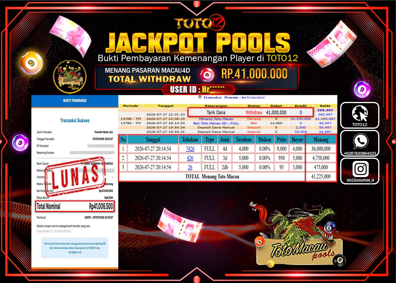 HANYA DI TOTO12 JP PASTI DI BAYAR LUNAS DAN CEPAT!!!!!! JACKPOT POOLS PASARAN (MACAU4D) Rp41.000.000!!!!
