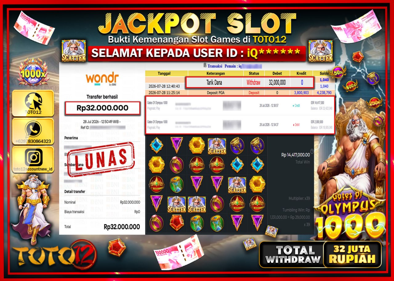 HANYA DI TOTO12 JP PASTI DI BAYAR LUNAS DAN CEPAT!!!!!! JACKPOT SLOT GAME (GATES OF OLYMPUS 1000) Rp32.000.000!!!!