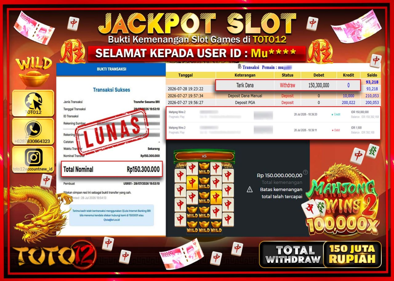 HANYA DI TOTO12 JP PASTI DI BAYAR LUNAS DAN CEPAT!!!!!! JACKPOT SLOT GAME (MAHJONG WINS 2) Rp150.300.000!!!!