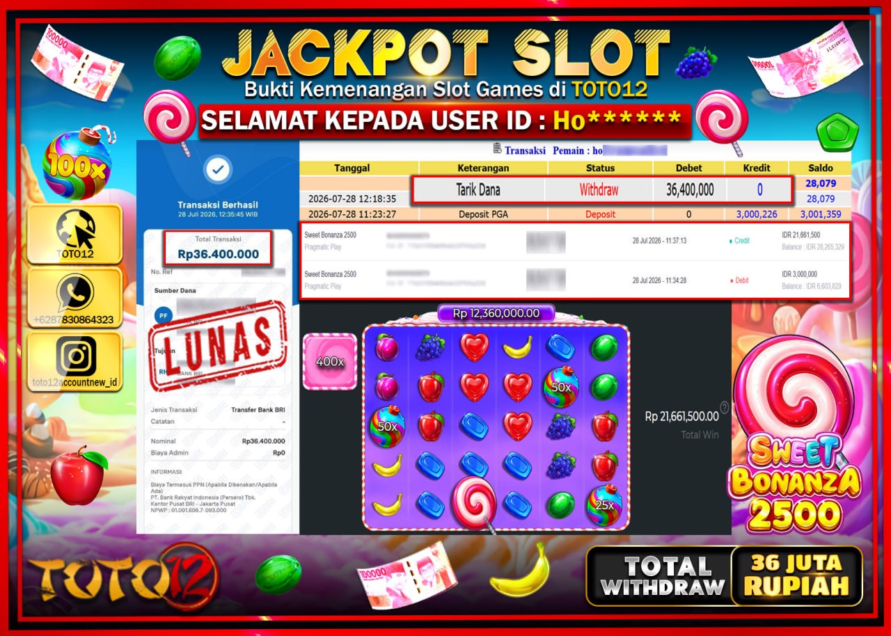 HANYA DI TOTO12 JP PASTI DI BAYAR LUNAS DAN CEPAT!!!!!! JACKPOT SLOT GAME (SWEET BONANZA 2500) Rp36.400.000!!!!