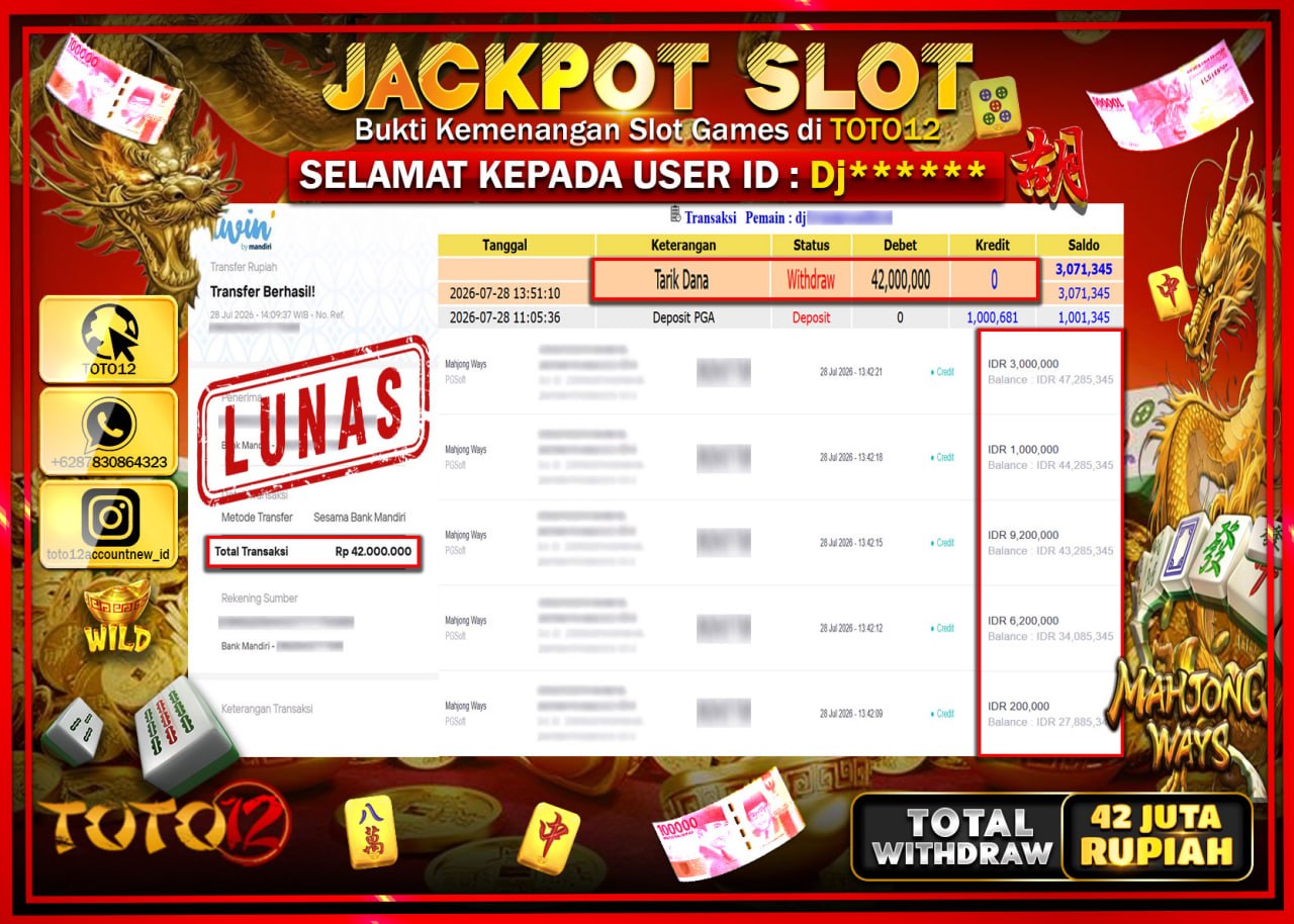 HANYA DI TOTO12 JP PASTI DI BAYAR LUNAS DAN CEPAT!!!!!! JACKPOT SLOT GAME (MAHJONG WAYS) Rp42.000.000!!!!